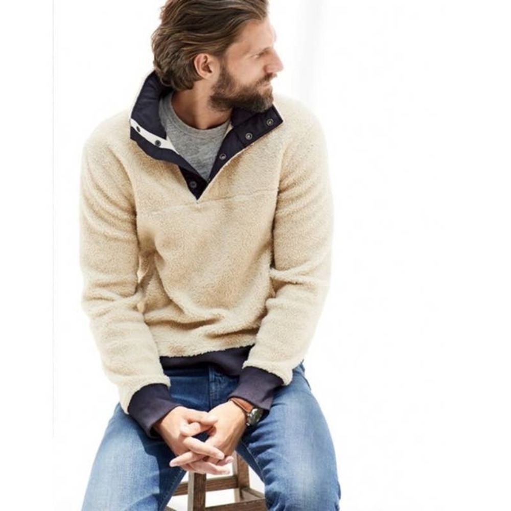 J. Crew Cream Sherpa Pullover with Navy Trim